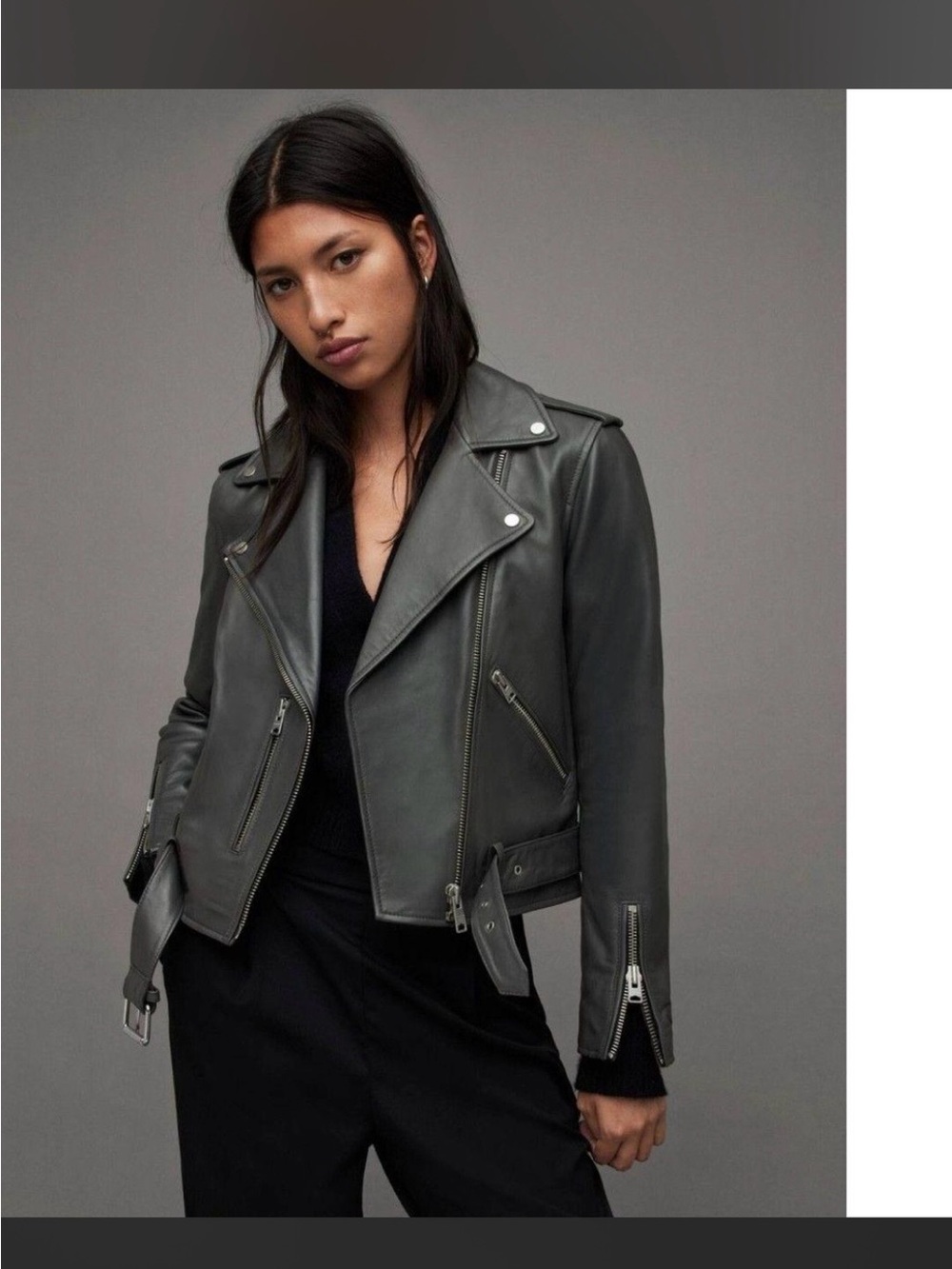 AllSaints Gray Leather Biker Jacket